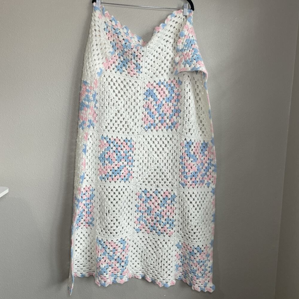 Handmade Crochet Granny Square Baby Afghan Blanket Blue Pink Ivory/White 46"x31"